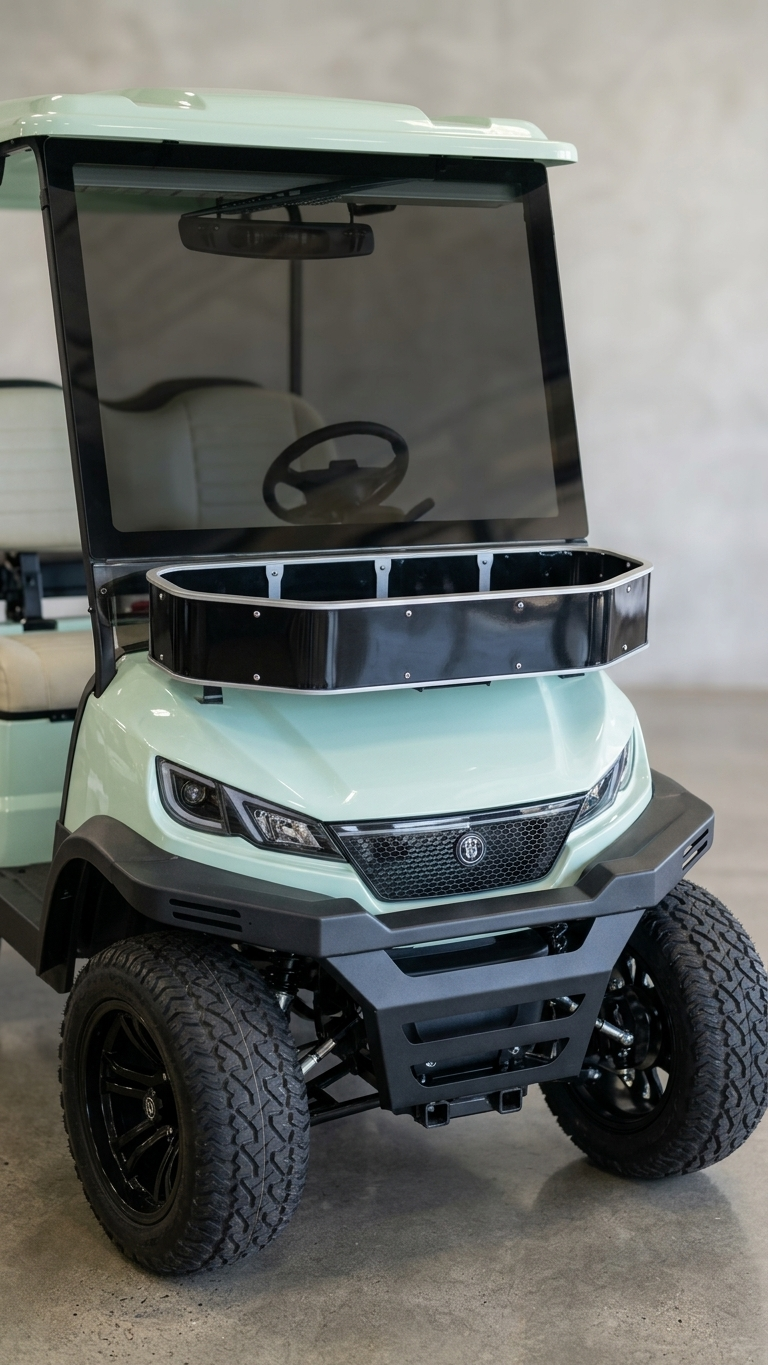 The mint-green electric golf cart, the signature of the fleet