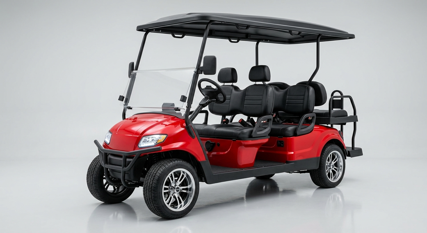 A red six-seater electric golf cart, front three-quarter angle on a clean studio background