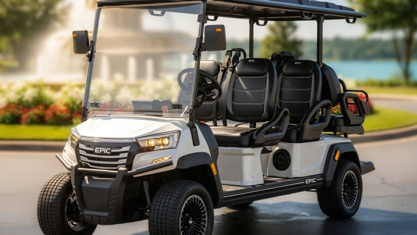 White six-seater electric golf cart