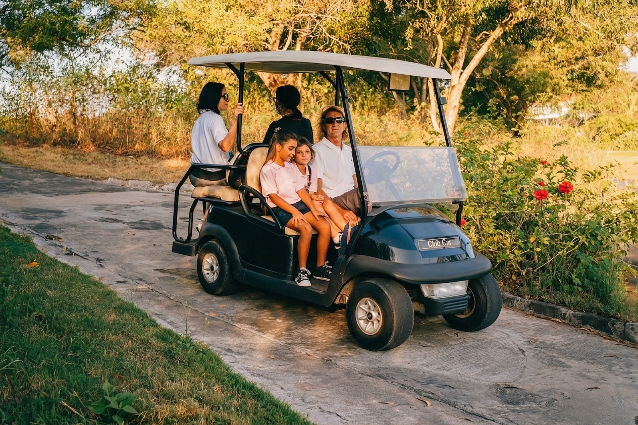 A family of four riding a golf cart down a tropical, palm-lined path at golden hour