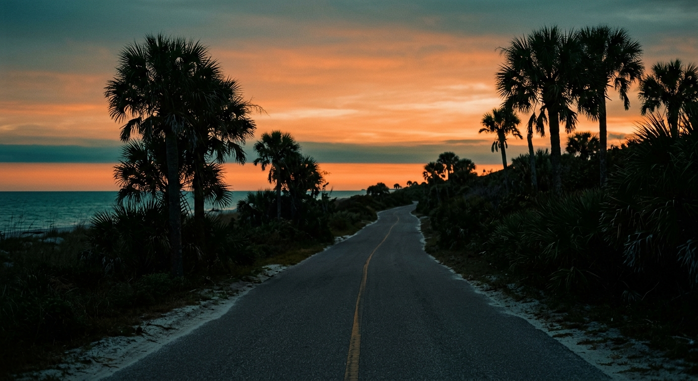 A Florida beach road at dusk with palm silhouettes and a warm orange-and-teal sky