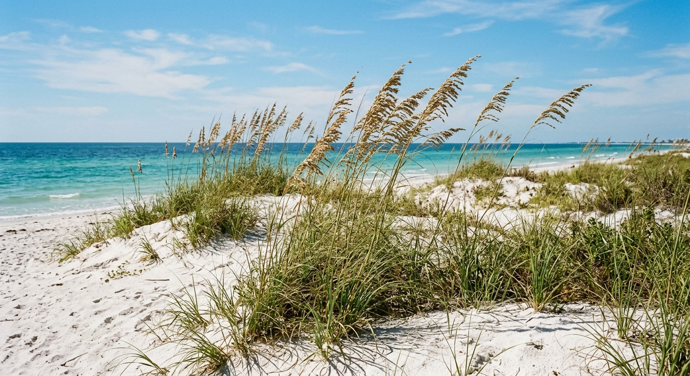 Sea oats and dune grass on white sand with turquoise Gulf water beyond