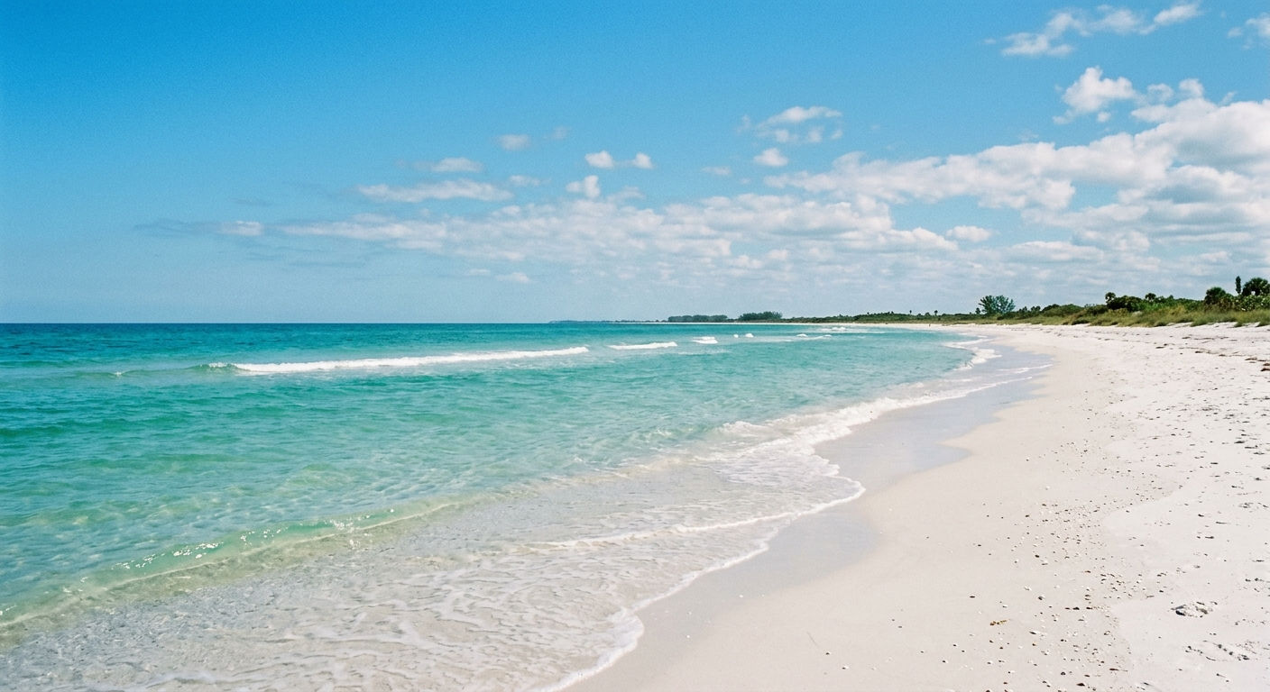 White-powder sand beach shoreline meeting shallow turquoise Gulf water