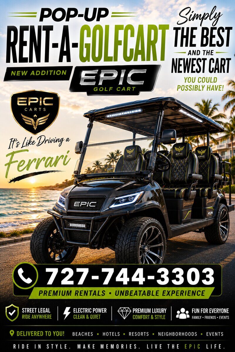 POP-UP Rent A Cart promo graphic announcing the new EPIC golf cart addition to the fleet, parked oceanside at sunset