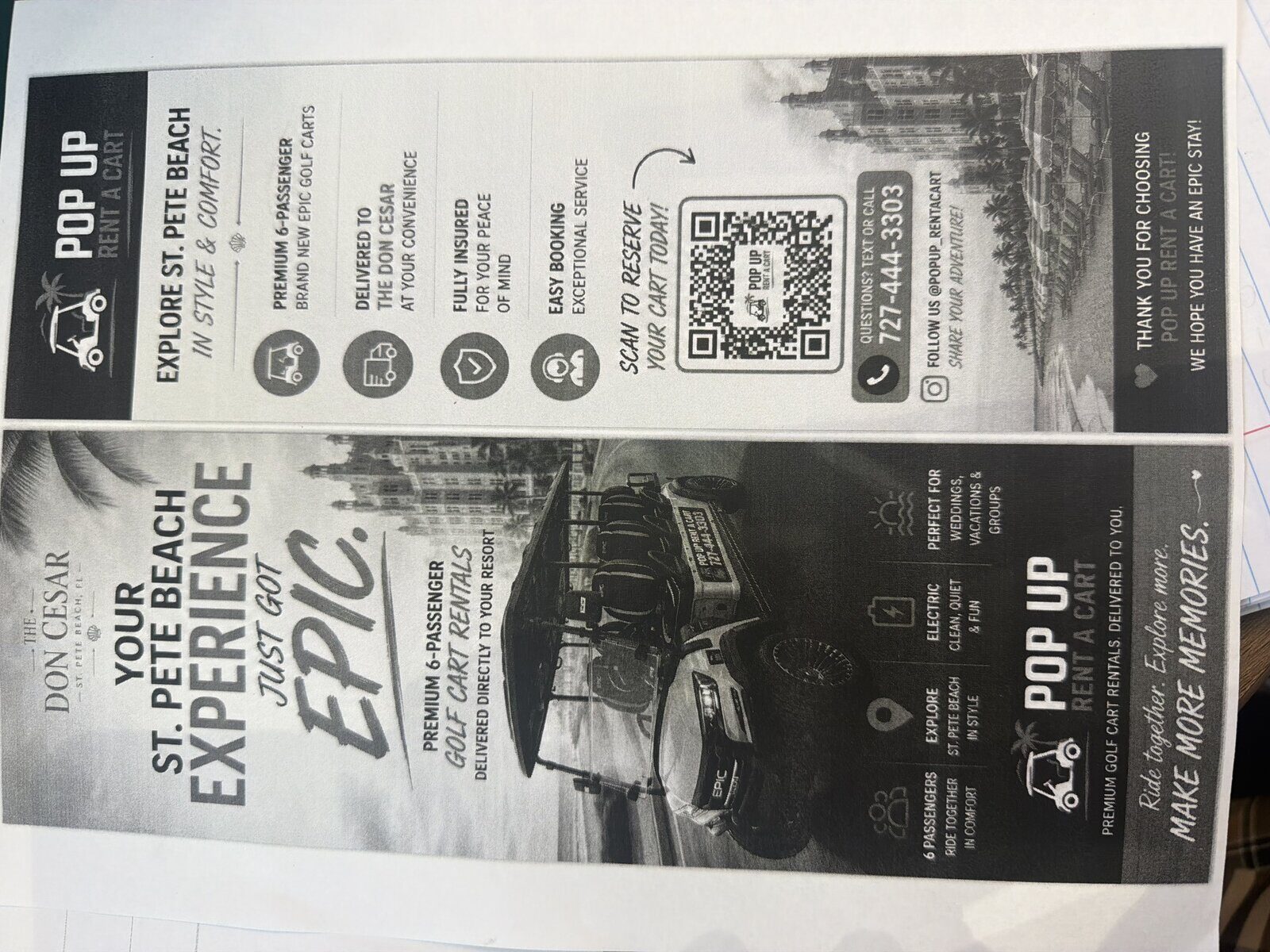 POP-UP Rent A Cart rack card for the Don Cesar St. Pete Beach experience, with premium 6-passenger EPIC golf cart rental details and a QR code to reserve